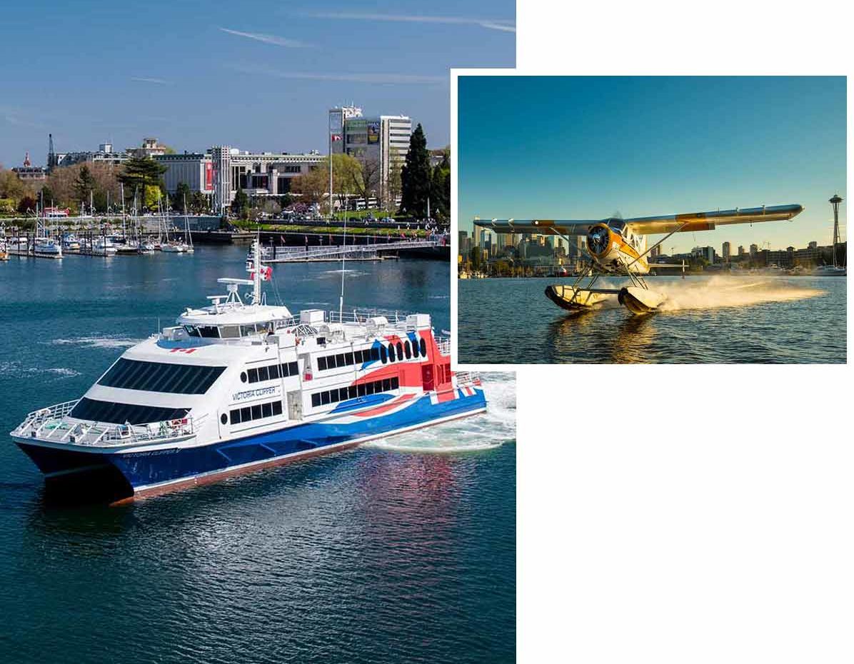 Collage showing ferry and seaplane travel around Victoria