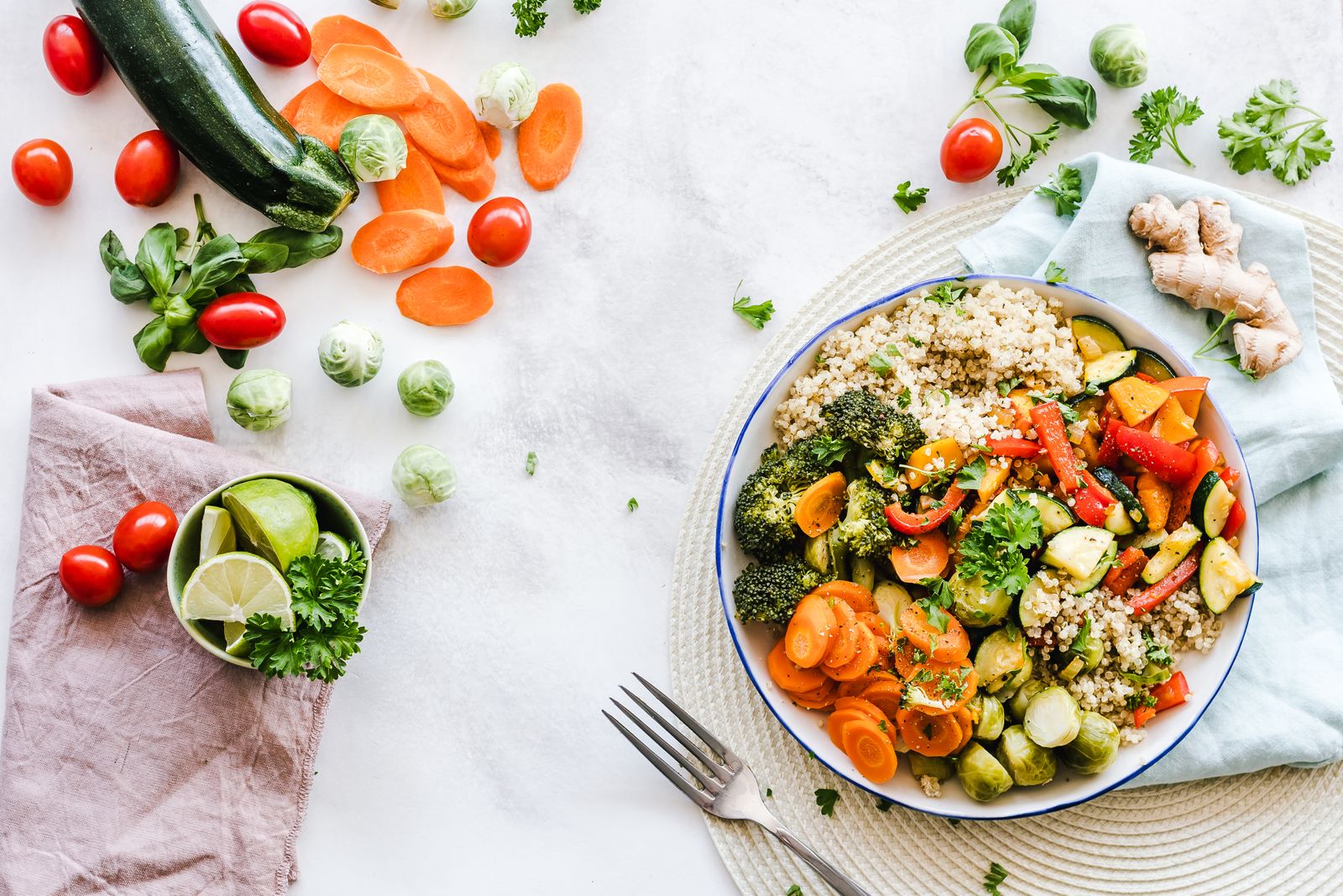 Fresh meal ingredients arranged on a kitchen counter